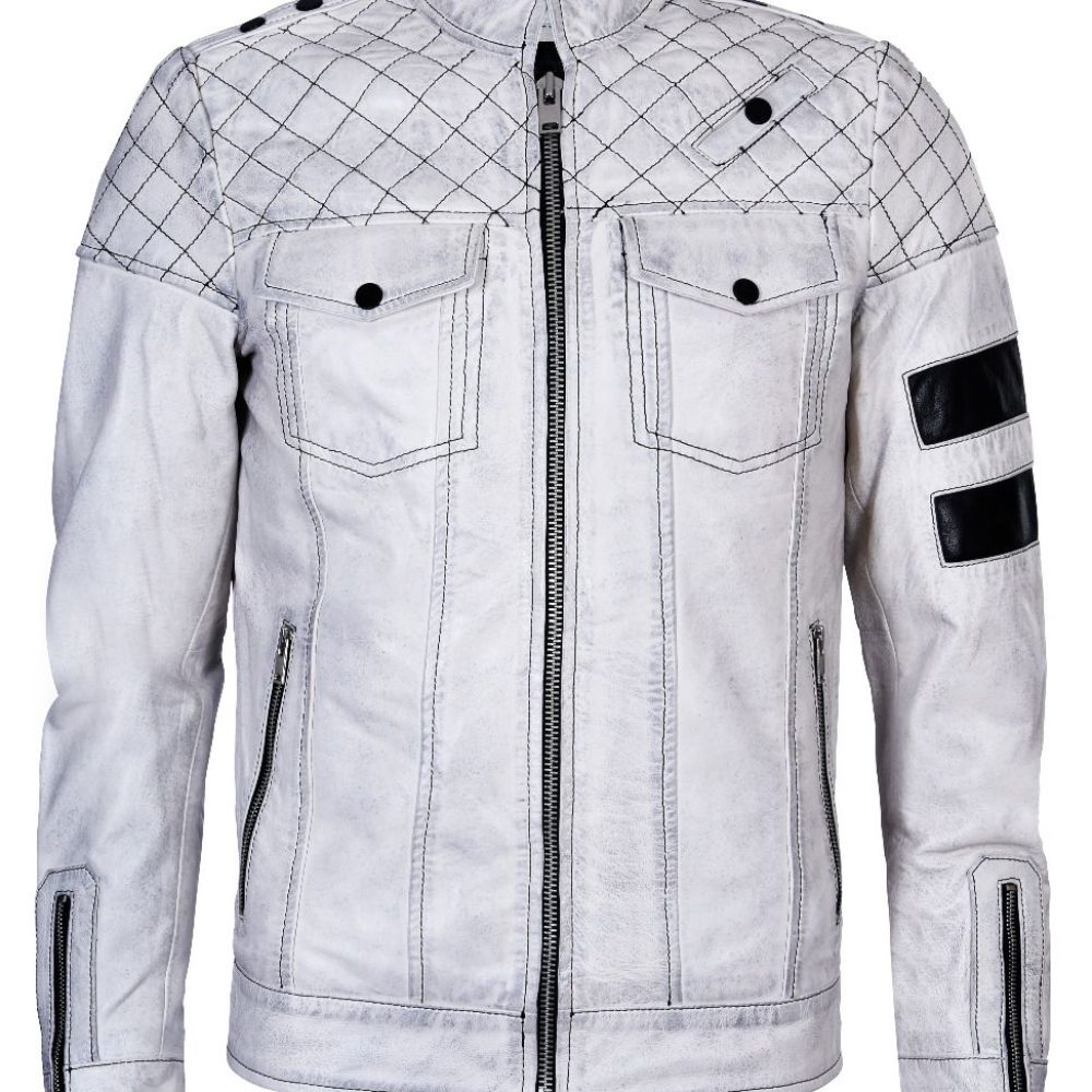 Men's Vintage White Retro Motorcycle Leather Jacket