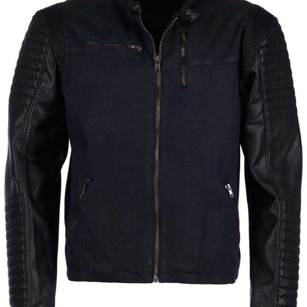Mens Blue Cotton plus Black Faux Leather Jacket