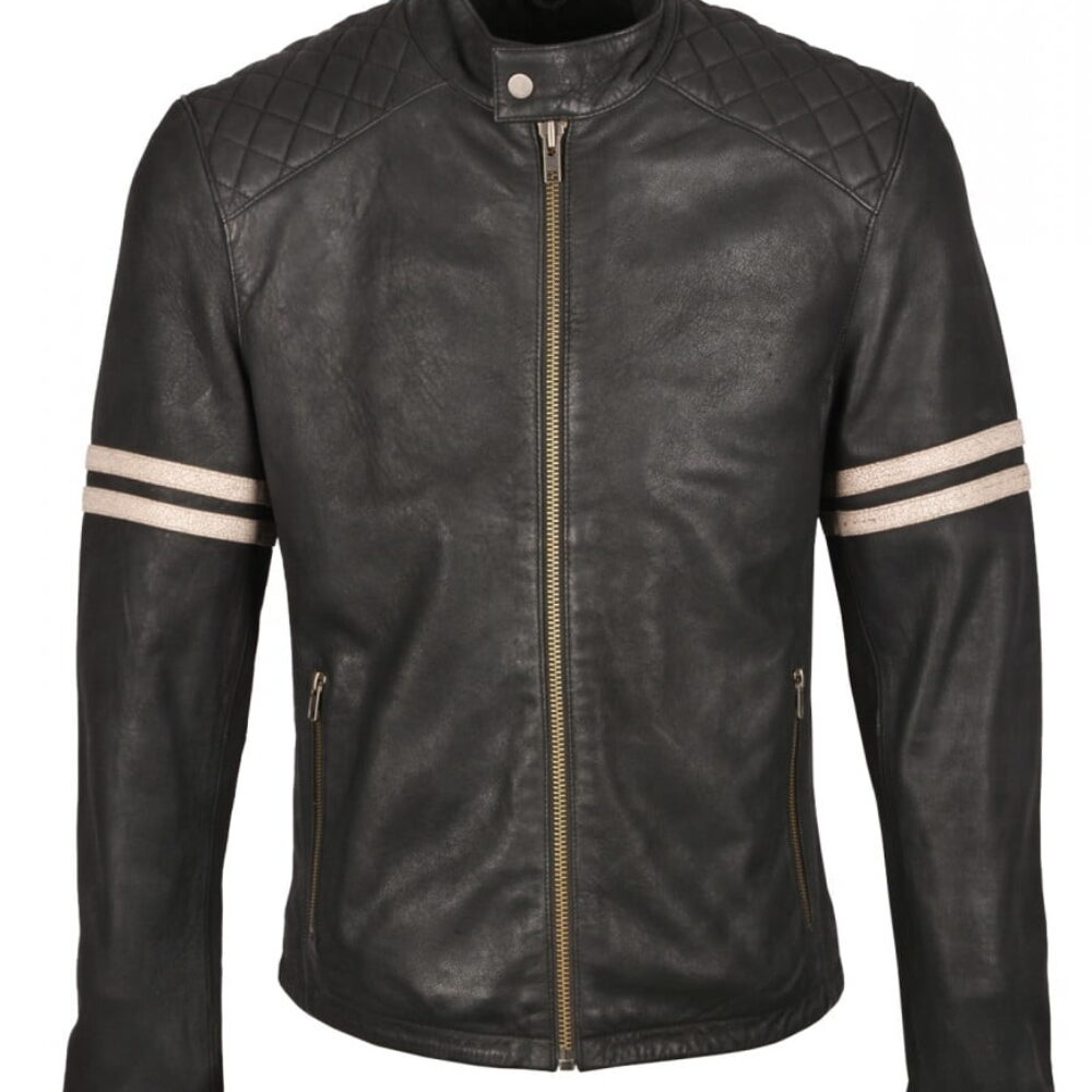 Cafe Racer Leather Jacket White Striped for Men