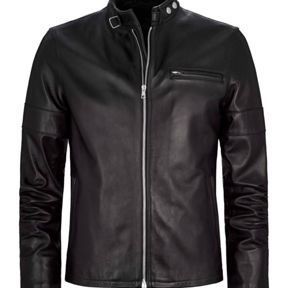Black Night Belted Collar Biker Real Leather Jacket