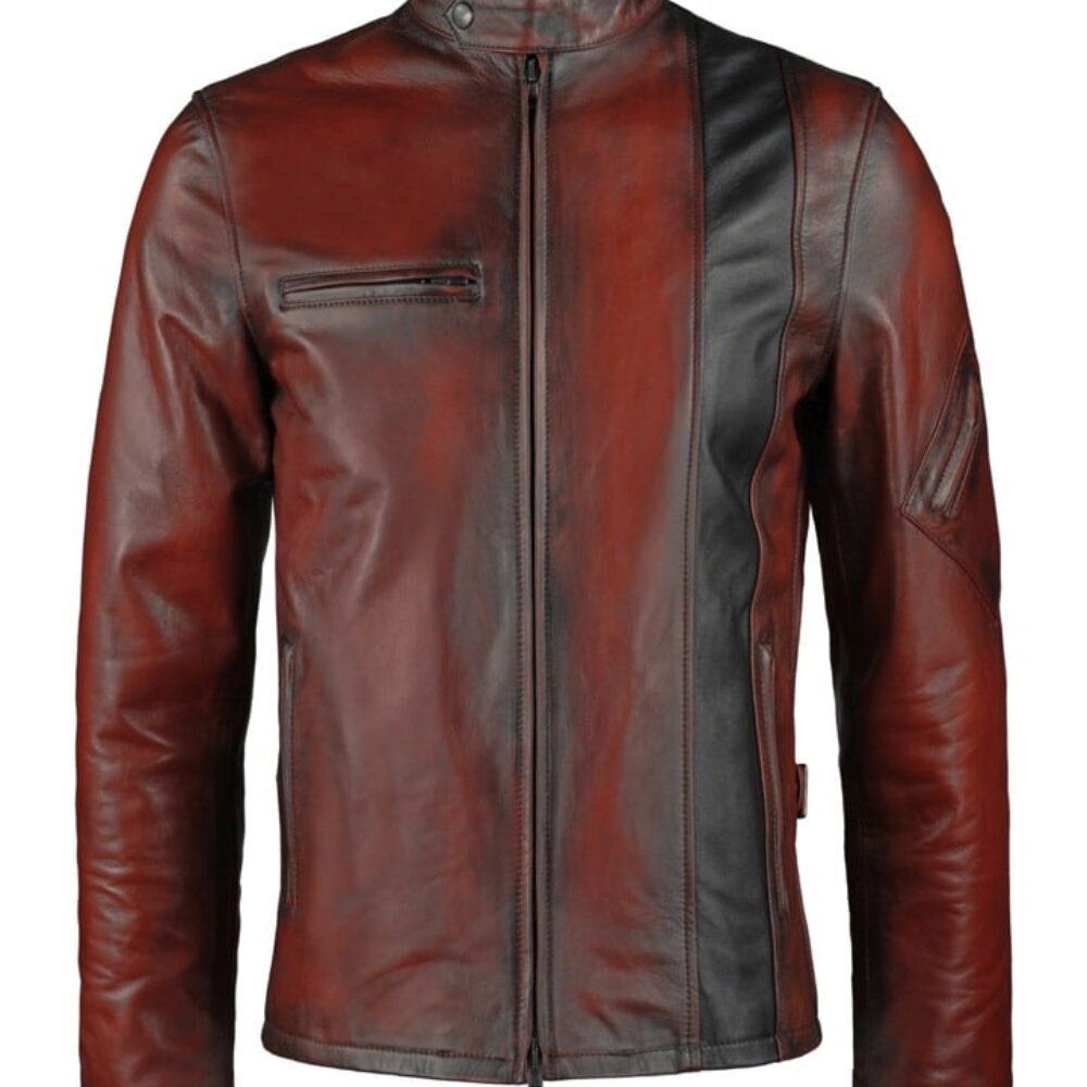 Red Waxed Real Cyclops Striped Black Biker Leather Jacket